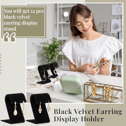 RattanView 12 Pieces Black Velvet Earring Display Stand Necklace Pendant Jewelry Stand Showcase Organizer Display Holder for Earring Pendant Accessory Rack - color: Black
