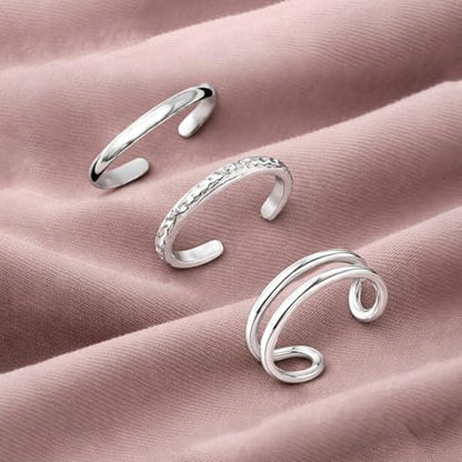 LeCalla 925 Sterling Silver Open Toe Rings Set for Women Adjustable Minimalist Toe Rings Summer Beach Foot Jewelry - color: 08. Trio (3 PCS)