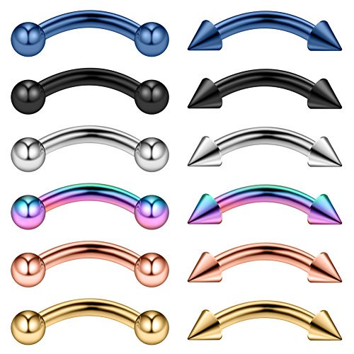 12PCS 12G Surgical Steel PA Eyebrow Ear Navel Belly Lip Ring Body Piercing Jewelry - style: 10mm w Balls & Spikes