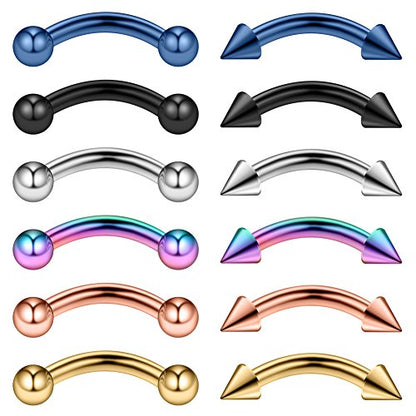 12PCS 12G Surgical Steel PA Eyebrow Ear Navel Belly Lip Ring Body Piercing Jewelry - style: 10mm w Balls & Spikes
