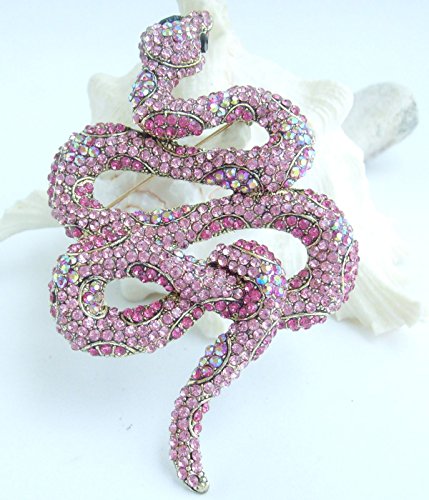 Classic 3.94" Unique Animal Snake Brooch Pin Pendant Austrian Crystal BZ5847 - color: Gold-Tone Pink