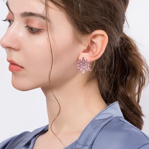 Crystal Flower Burst Stud Earrings Large Big Sparkly CZ Cubic Rhinestone Floral Cluster Flower Stud Earrings Bridal Wedding Party - color: Pink