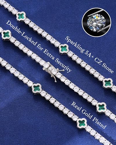 LuxeFlex 4mm Iced Out Four Leaf Tennis Chain,White Gold Plated with 5A Zircon Stones, exquisite Handmade Hip Hop Bling Necklace Perfect Unisex Jewelry Gift - color: White Gold-Green, size: 18 INCH