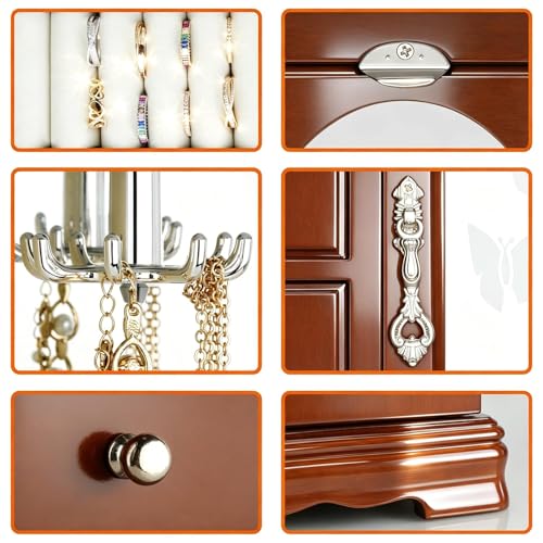 RR ROUND RICH DESIGN Solid Wood Jewelry Box Brown | Large Organizer with 4 Drawers, Built-in Necklace Carousel & Large Mirror - style: Fashion Brown