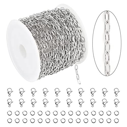 KYUNHOO 32.8 Feet 304 Stainless Steel Chains Bulk Silver Paperclip Chain | Silver Chain for Jewelry Making Small Paper Clip Chains Link on Spool with Clasps for Necklace Bracelet Craft - color: Paperclip Silver