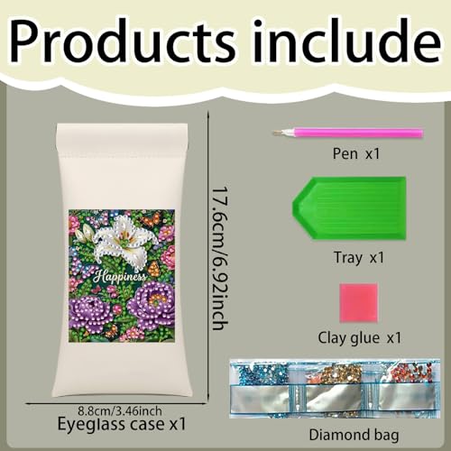 Diamond Art Painting Eye Glass Bag PU Sunglasses Glasses Storage Bag Built-in Glasses Cloth Press Automatic Closure - color: Flowers