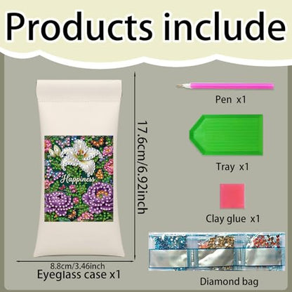 Diamond Art Painting Eye Glass Bag PU Sunglasses Glasses Storage Bag Built-in Glasses Cloth Press Automatic Closure - color: Flowers