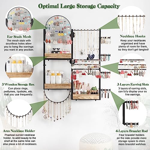 Keebofly Large Jewelry Organizer - Big Wall Mount Hanging Jewelry Holder Display for Earrings, Rings, Necklaces, Bracelets, Makeup, Perfume & Watches - color: Rustic Brown
