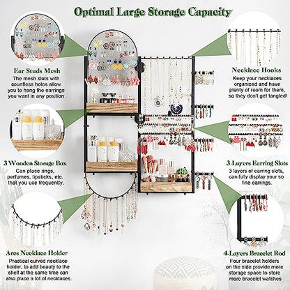 Keebofly Large Jewelry Organizer - Big Wall Mount Hanging Jewelry Holder Display for Earrings, Rings, Necklaces, Bracelets, Makeup, Perfume & Watches - color: Rustic Brown