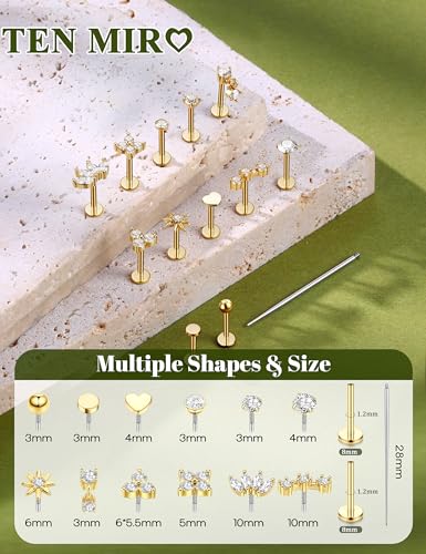 TEN MIRO Flat Back Stud Cartilage Earring for Women Tragus Piercing Jewelry | 16G 18G 20G Hypoallergenic Earrings, Gold Silver Surgical Steel Nose Studs Internal Thread Conch Ring, Helix Piercing Jewelry - color: Gold, size: 16G(1.2mm),8mm