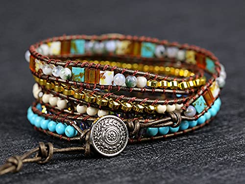 Women Wrap Bracelets Boho Natural Stone Jasper Turquoises Strand Bracelet Jewelry Collection - color: Aventurine