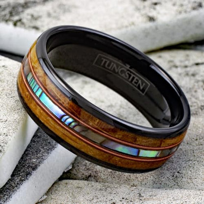Gorgeous Unique 6mm/8mm Black Tungsten Carbide Band Ring with Dazzling Abalone Between Two Genuine Guitar Strings And Whiskey Barrel Oak Wood.