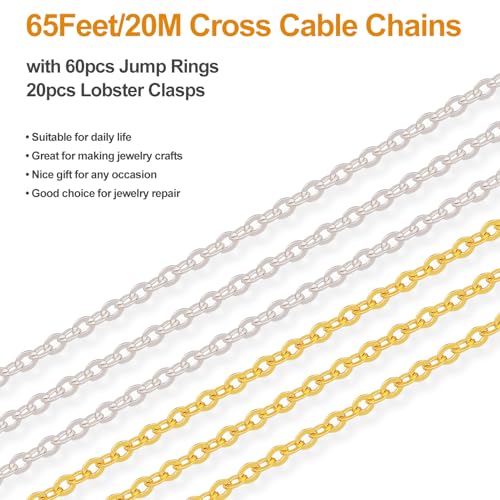 Kyutong 65.6 Feet Stainless Steel Jewelry Making Chains Spool for Crafting | 2 Rolls Cross Cable Chain Links Gold Silver DIY Jewelry Supplies with Lobster Clasps Jump Rings for DIY Handcraft - color: Cable Chain