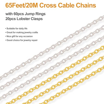 Kyutong 65.6 Feet Stainless Steel Jewelry Making Chains Spool for Crafting | 2 Rolls Cross Cable Chain Links Gold Silver DIY Jewelry Supplies with Lobster Clasps Jump Rings for DIY Handcraft - color: Cable Chain