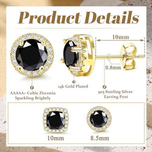 18K Gold Plated Halo Stud Earrings 925 Sterling Silver Cubic Zirconia Stud Earrings Round Square Diamonique Stud Earrings Set for Women Men - color: Gold&Black