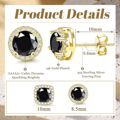 18K Gold Plated Halo Stud Earrings 925 Sterling Silver Cubic Zirconia Stud Earrings Round Square Diamonique Stud Earrings Set for Women Men - color: Gold&Black