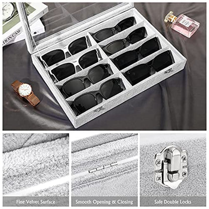 Emibele Glasses Organizer Jewelry Tray, 8 Grids with Clear Lid Velvet Tray Watch Storage Stackable Jewelry Showcase Display Storage with Detachable Inner Dividers - Grey - style: G1- eight Grids with Lid