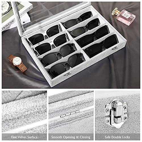 Emibele Glasses Organizer Jewelry Tray, 8 Grids with Clear Lid Velvet Tray Watch Storage Stackable Jewelry Showcase Display Storage with Detachable Inner Dividers - Grey | Dustproof Clear Lid Velvet Tray Watch Storage Jewelry Showcase Display Storage with