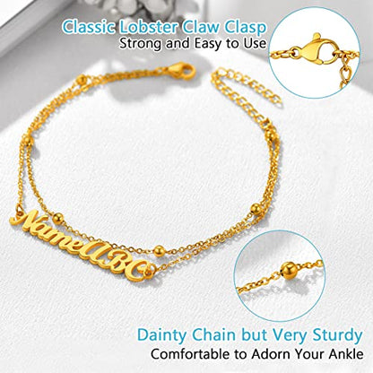 PROSTEEL Trendy Handcuffs Design/Customize Words Ankle Bracelet For Women, 316L Stainless Steel Anklets Silver/Gold/Black Tone, Hypoallergenic, Come with Box - style: 05 Customize-Bead Chain(8.5"-10.5")-Luxury Gold