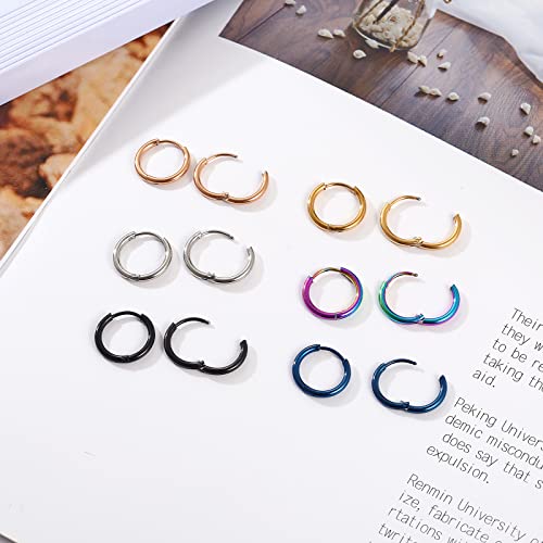 Osayia 316L Surgical Stainless Steel Small Hoop Earrings 8mm 10mm 12mm Hypoallergenic Huggie Thin Hoop Earrings Helix Lobes Hinged Sleeper Earrings Men Women for Cartilage Piercings - color: B: Diameter 10mm (6 Color),6 Pairs