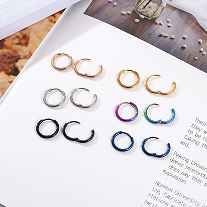 Osayia 316L Surgical Stainless Steel Small Hoop Earrings 8mm 10mm 12mm Hypoallergenic Huggie Thin Hoop Earrings Helix Lobes Hinged Sleeper Earrings Men Women for Cartilage Piercings - color: B: Diameter 10mm (6 Color),6 Pairs