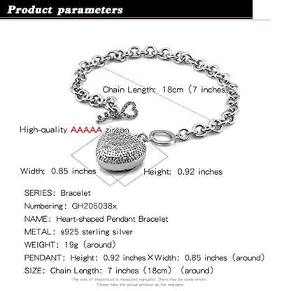 H&Beautimer 925 Sterling Silver Bracelet For Women's - Italian Handmade Rolo Chain 6.3, 6.7, 7.1, 7.5, 8 Inch - AAAAA CZ Zircon Heart/Lock Pendant Bracelet - Fine Jewelry - color: Heart Pendant, size: 6.3 inches