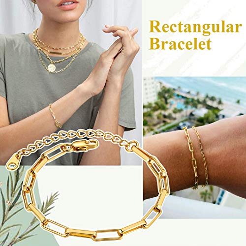 ChainsHouse Stainless Steel Herringbone Flat Chain Bracelets for Women,18K Gold/Rose Gold/Black Metal Paperclip/Snake/Cuban/Figaro Sterling Silver Link Charm Bracelet, 16+5cm Adjustable, With Gift Box - color: a. paperclip-gold(hot!!!)
