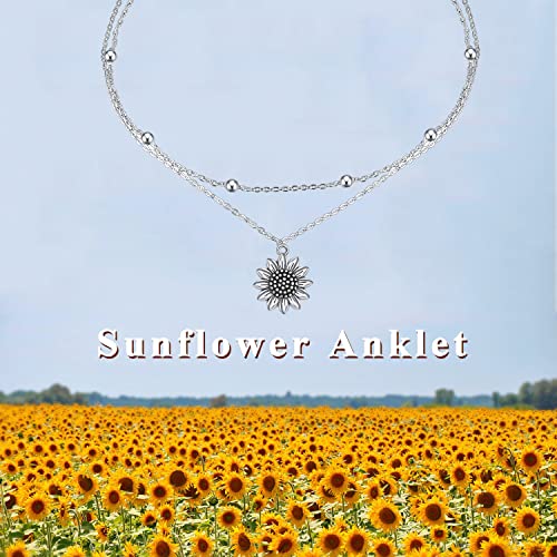 POPLYKE 925 Sterling Silver Double Layered Chain Evil Eye Daisy Sunflower Butterfly Anklets for Women Holiday Beach Crystal Ankle Bracelet Dainty Evil Eye Jewelry - style: Antiqued Sunflower Anklet
