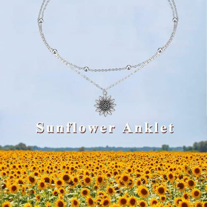 POPLYKE 925 Sterling Silver Double Layered Chain Evil Eye Daisy Sunflower Butterfly Anklets for Women Holiday Beach Crystal Ankle Bracelet Dainty Evil Eye Jewelry - style: Antiqued Sunflower Anklet