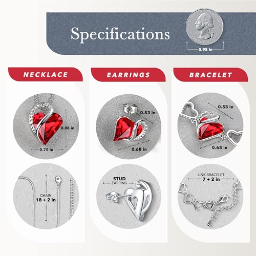 Leafael Necklace Gift Set for Women, Infinity Love Birthstone Heart Pendant with Matching Earrings and Bracelet, for Mom and Wife, Silver Plated - color: 01Set-January & July-Siam Ruby Red