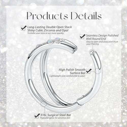 GAGABODY Conch Piercing Double Open Stack with CZ 16 Gauge Hoop Earrings 18g Septum Jewelry 20g Septum Ring Daith Earrings 316L Surgical Steel Lip Rings Helix Rook Cartilage Earrings Hoop - color: Style12:Silver+Double Hoop OPAL&CZ