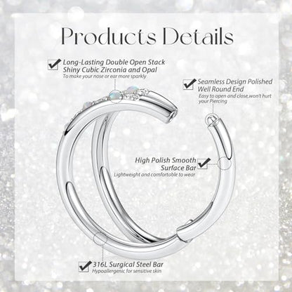 GAGABODY Conch Piercing Double Open Stack with CZ 16 Gauge Hoop Earrings 18g Septum Jewelry 20g Septum Ring Daith Earrings 316L Surgical Steel Lip Rings Helix Rook Cartilage Earrings Hoop - color: Style12:Silver+Double Hoop OPAL&CZ
