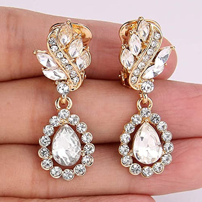 EleQueen Women's Austrian Crystal Art Deco Tear Drop Dangle Earrings Clip-on - color: 04-Gold-tone Clear