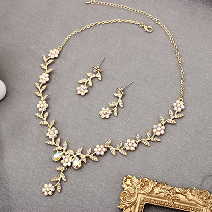 Flower Leaf Crystal Pendant Necklace Dangle Earrings Link Bracelet Bride Bridesmaid Jewelry Sets for Women Wedding Party - color: AB Crystal-Gold Plated