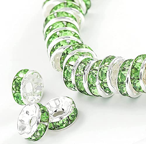 200Pcs 8mm Rondelle Spacer Beads Silver Plated Green Crystal Rhinestone for Jewelry Making Loose Beads for Bracelets - color: green, size: 8mm