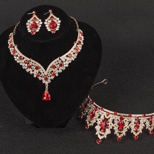 Crowns and Tiaras jewelry sets for Wedding princess birthday party Halloween Prom Pageant Jewelry for Women Crystal Bridal Jewelry Set for women - color: Gold Red