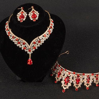 Crowns and Tiaras jewelry sets for Wedding princess birthday party Halloween Prom Pageant Jewelry for Women Crystal Bridal Jewelry Set for women - color: Gold Red