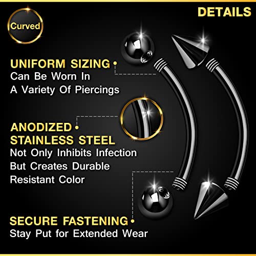 4PCS Stainless Steel Black Curved Barbell Bar 14 Gauge 4mm Ball Spike Nose Earrings Eyebrow Piercing Jewelry See More Sizes (4pcs 10mm bar)