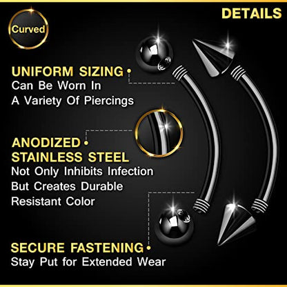 4PCS Stainless Steel Black Curved Barbell Bar 14 Gauge 4mm Ball Spike Nose Earrings Eyebrow Piercing Jewelry See More Sizes (4pcs 10mm bar)