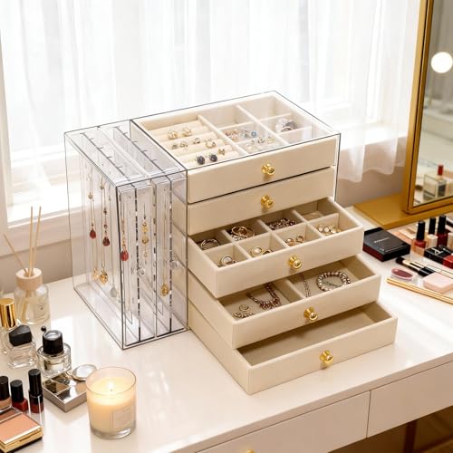beige Jewelry Box Organizer, Transparent Acrylic Case with Velvet-Lined 5 drawers and 2 side drawers, Versatile Compartments for Earrings, Rings, Necklaces, Bracelets - color: Beige
