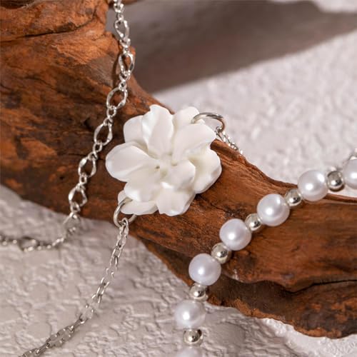5Pcs Boho White Flower Beaded Pearl Bracelets for Women Trendy, Cute Gold Silver Stackable Floral Petal Pearls Beads Chain Bracelet Holiday Jewelry Gifts - color: Silver