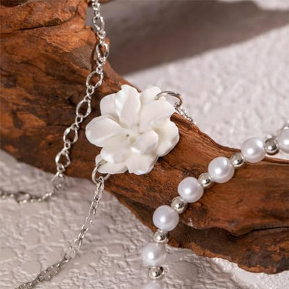 5Pcs Boho White Flower Beaded Pearl Bracelets for Women Trendy, Cute Gold Silver Stackable Floral Petal Pearls Beads Chain Bracelet Holiday Jewelry Gifts - color: Silver
