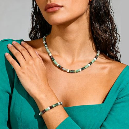 Beaded Necklaces for Women 3Pcs Colorful Boho Gemstone Bead Choker Summer Natural Stone Surfer Beach Bead Necklace Bracelets Earring Set Handmade Jewelry for Women Gift Jewelry Sets - color: 02-green
