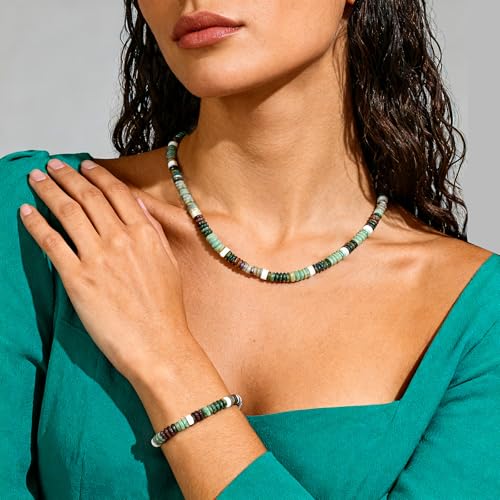Beaded Necklaces for Women 3Pcs Colorful Boho Gemstone Bead Choker Summer Natural Stone Surfer Beach Bead Necklace Bracelets Earring Set Handmade Jewelry for Women Gift Jewelry Sets - color: 02-green
