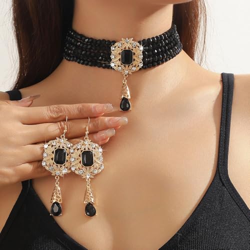 Missgrace Women Silver Black Green Red Rhinestone Crystal Tassels Bridal Necklace Earrings Sets Teardrop Necklace Dangle Earrings Set for Wedding Brides Bridesmaid - color: Black