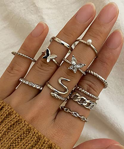 iF YOU 25 Pcs Gold Stackable Ring Set for Women, Chunky Knuckle Finger Midi Rings, Silver Simple Stacking Cute Rings Pack Trendy Stuff Jewelry Gift - style: 30 Silver snake rings