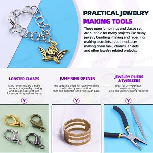 Swpeet 1414Pcs 4mm 5mm 6mm 8mm 10mm Open Jump Rings and Lobster Clasps with Jewelry Repair Tools Assortment Kit, Including Waxed Necklace Cords, 12mm Lobster Clasps, Tibetan Silver Pendant
