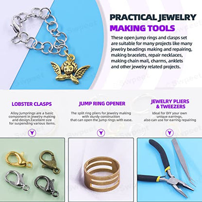 Swpeet 1414Pcs 4mm 5mm 6mm 8mm 10mm Open Jump Rings and Lobster Clasps with Jewelry Repair Tools Assortment Kit, Including Waxed Necklace Cords, 12mm Lobster Clasps, Tibetan Silver Pendant