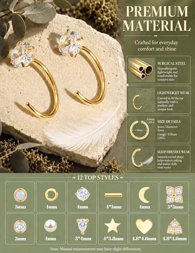 SAILIMUE 12Pair Hypoallergenic Huggie Half Hoop Earrings Backless for Women | Small Backless Earring Surgical Stainless Steel Open Arc Hoop Earrings Silver Plated with Stay Close Earrings - color: Gold:8mm