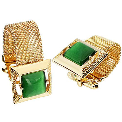 HAWSON Mens Cufflinks with Chain - Stone and Shiny Gold Tone Shirt Accessories - Party Gifts for Young Men - color: 24K Gold Color+Green Cats Eye